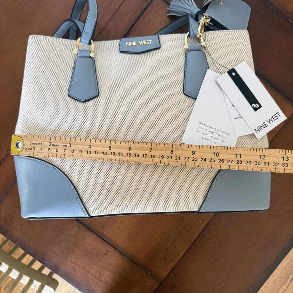 Nine West Canvas Tote Bag Light Blue Trim Triple Compartment Shoulder Bag NWT